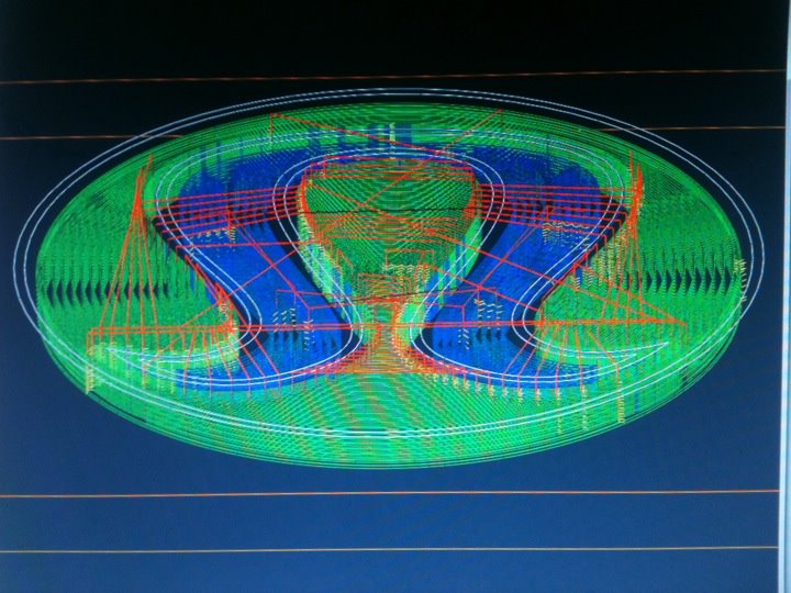 Computer model of where the 3-axis CNC router will move to cut the shape