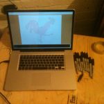 Drawbot at VHS SHHH 23, laptop & pens